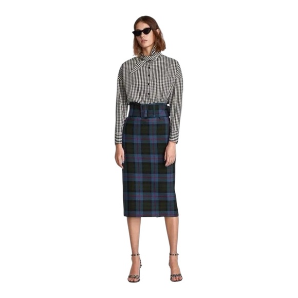 Zara Dresses & Skirts - Zara Sz XS Blue and Khaki Tartan Plaid Belted Pencil Skirt Wool Blend EUC